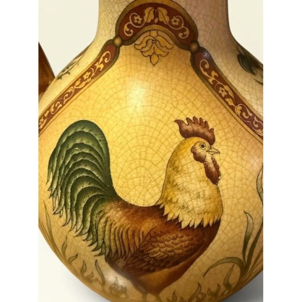 French Country Farmhouse Rooster Amphora Vase 10” Twin Handle Crackle Glaze